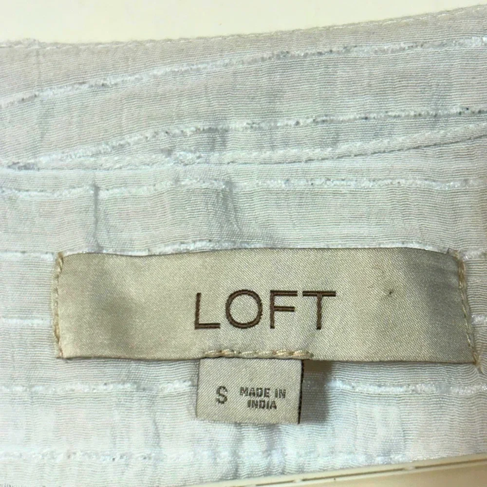 LOFT White Stripe Blouse Semi-Sheer Button Top V-Neck Long Puff Sleeve Small